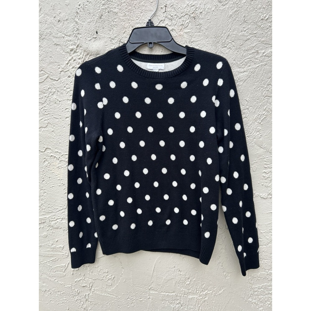 Charter Club Petite Polka Dot Crewneck Sweater Black White Long Sleeve Knit M